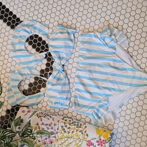 No Boundaries Striped Blue & White High-Waisted Bikini Set – Size Large